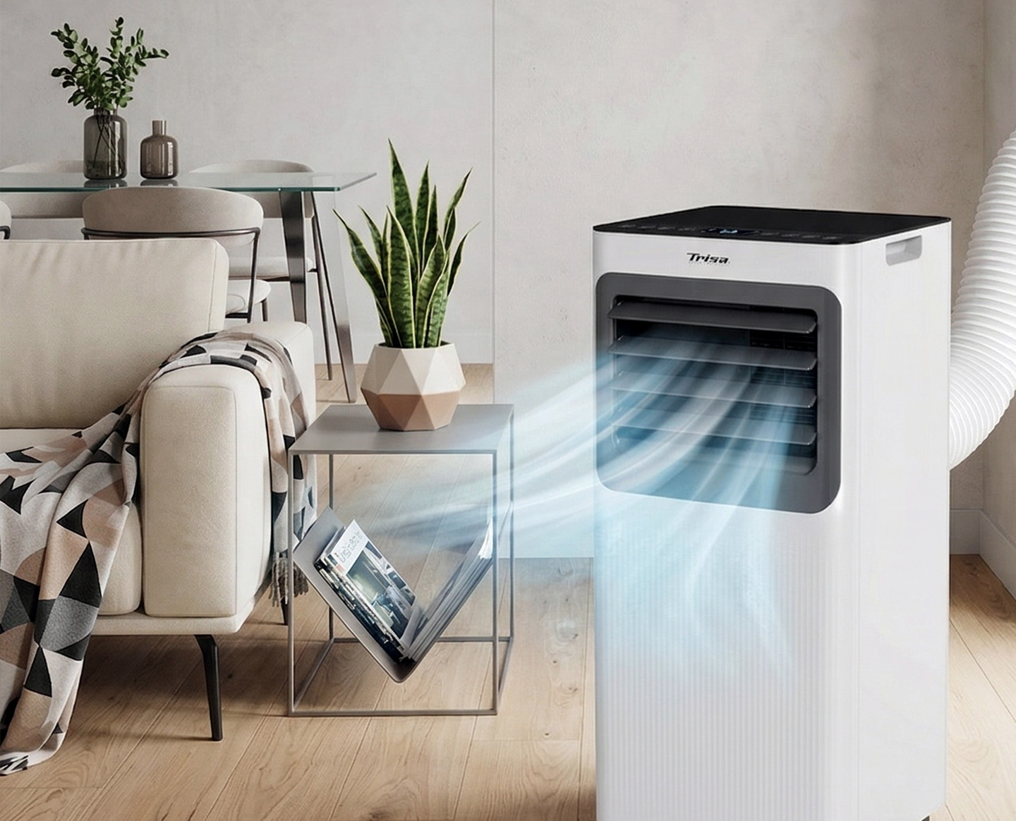 Mobiles Trisa Klimagerät Cool Mate X79 Max mit kraftvoller Luftverteilung im modernen Wohnraum.