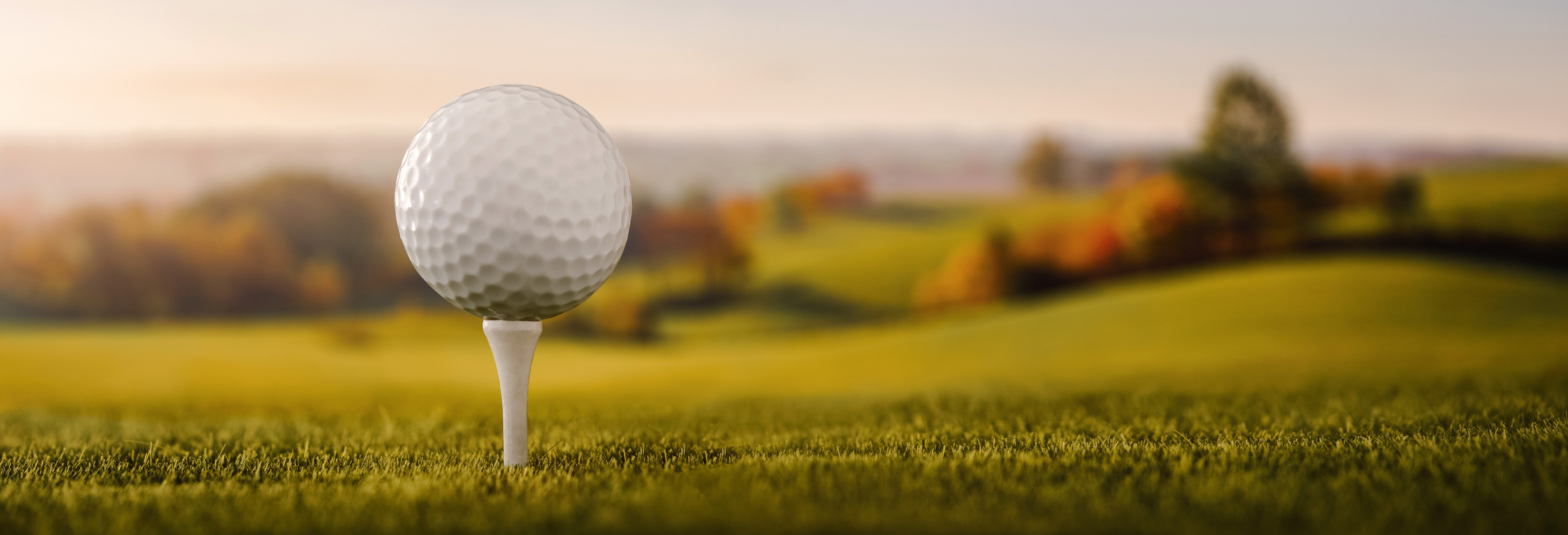 Golfball auf Tee vor einem Golfplatz im Abendlicht