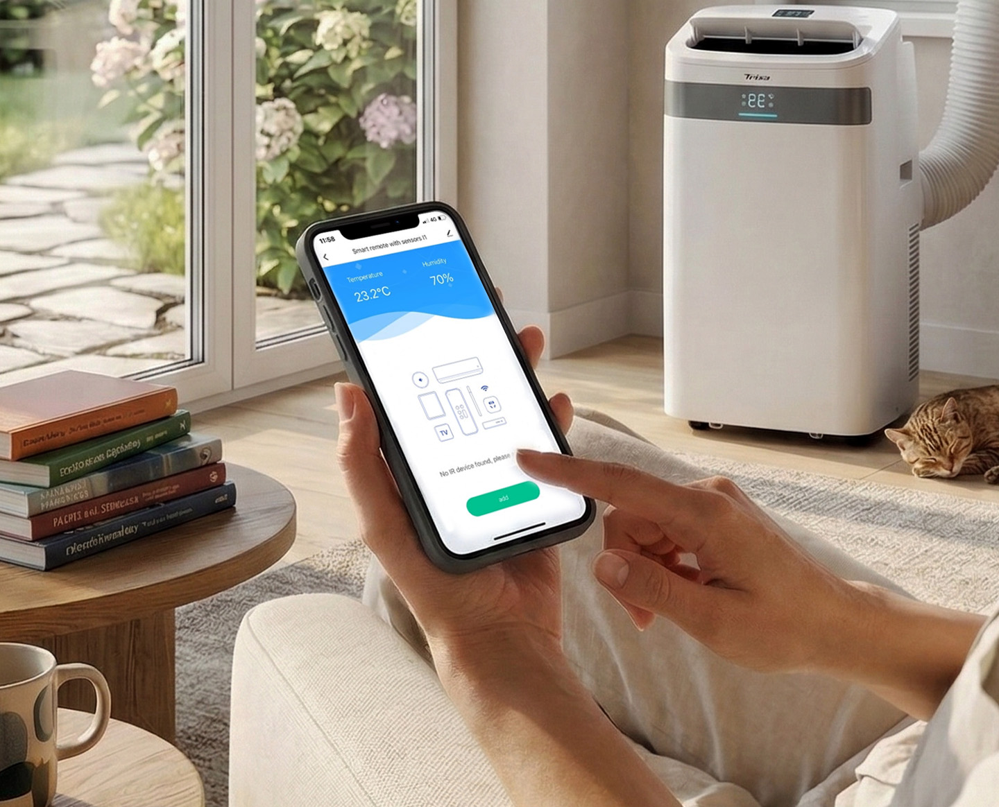 Mobiles Trisa Klimagerät Cool Mate X77 Pro mit App-Steuerung in einem hellen Wohnraum.