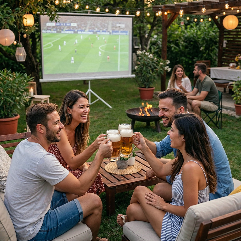 Friends toasting with beer in the garden while watching football outdoors.