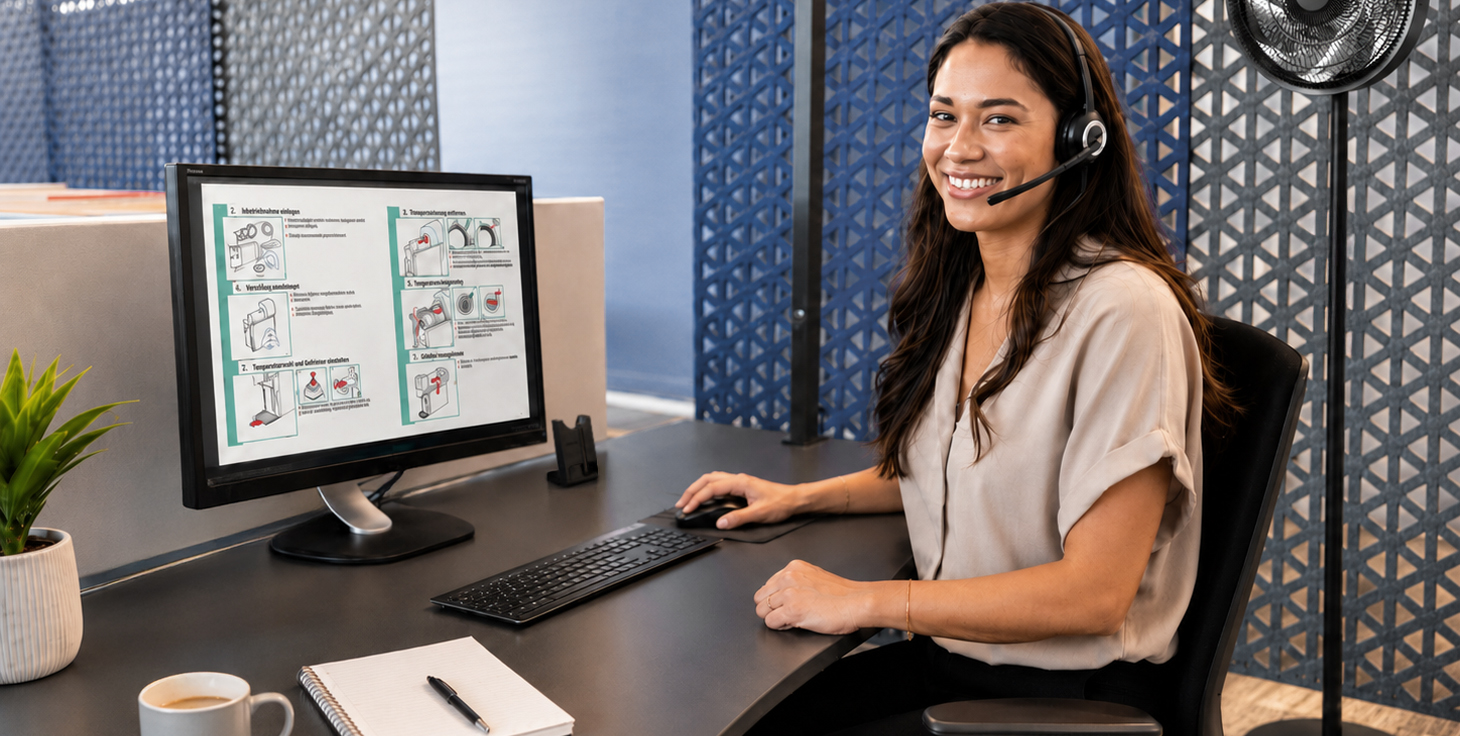 Trisa Kundendienstmitarbeiterin mit Headset am Arbeitsplatz.