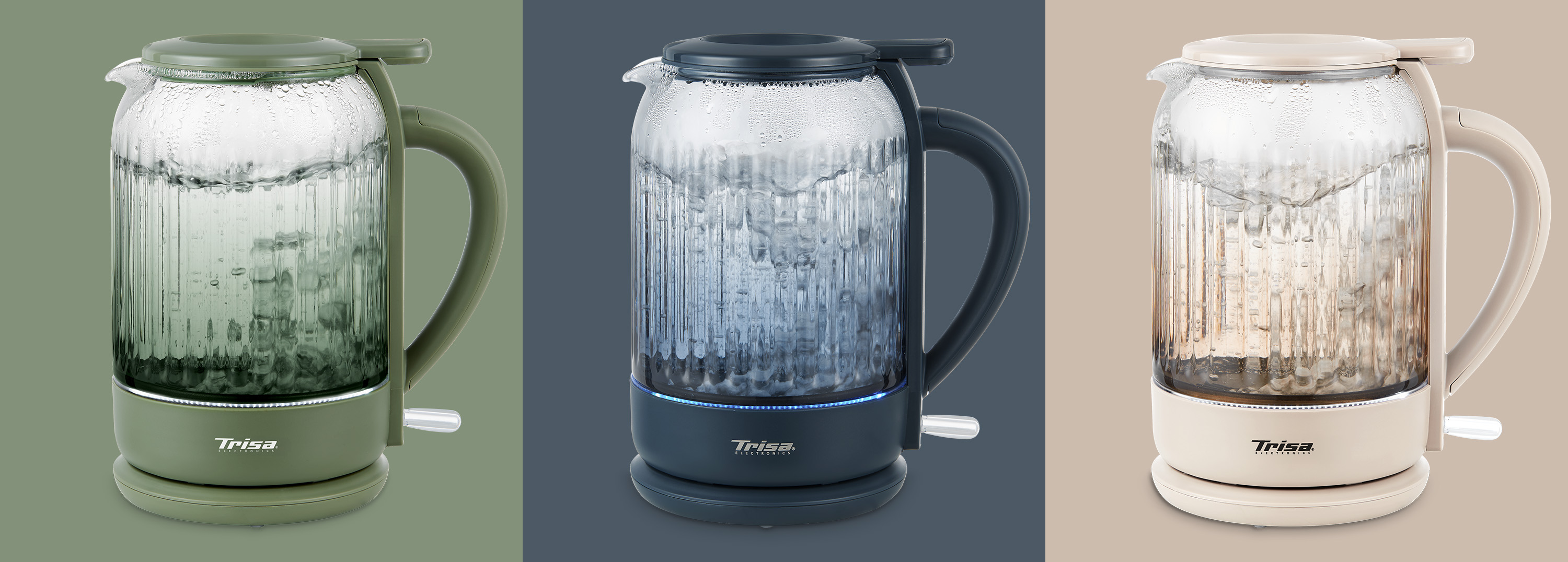 Wasserkocher in den Farben: Grün, Blau und Beige