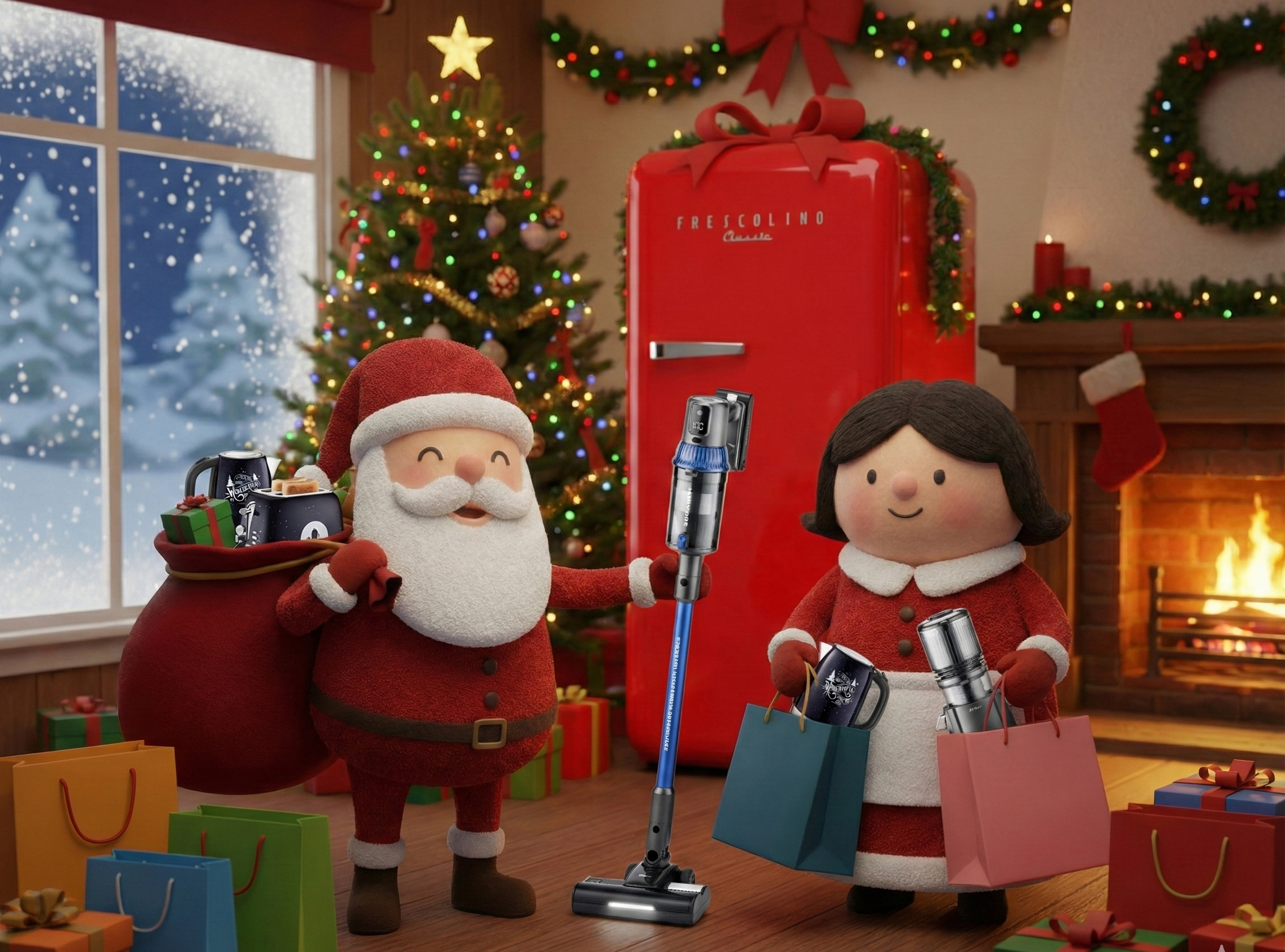 Le pere Noel et Madame Noel distribuent des cadeaux devant un salon festif avec des appareils menagers.