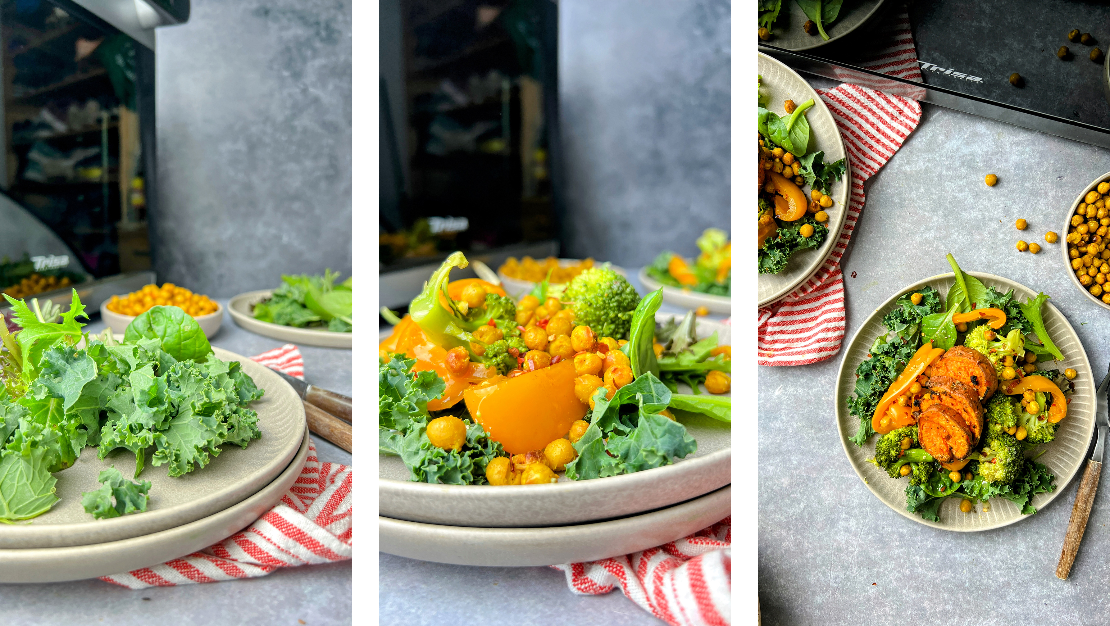 Three views of a colourful salad bowl with kale, spinach, broccoli, yellow bell pepper, roasted chickpeas and sweet potato slices. The plates sit on a grey surface with a red-and-white cloth.