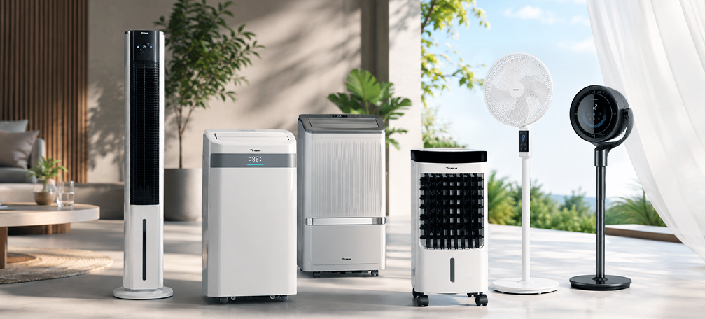 Moderne Ventilatoren und Luftkühler von Trisa Electronics in hellem Sommer-Ambiente