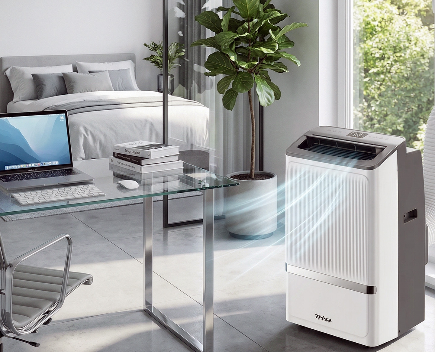 Mobiles Trisa Klimagerät Cool Mate X78 Pro sorgt für kühle Luft im modernen Wohn- und Arbeitsbereich.