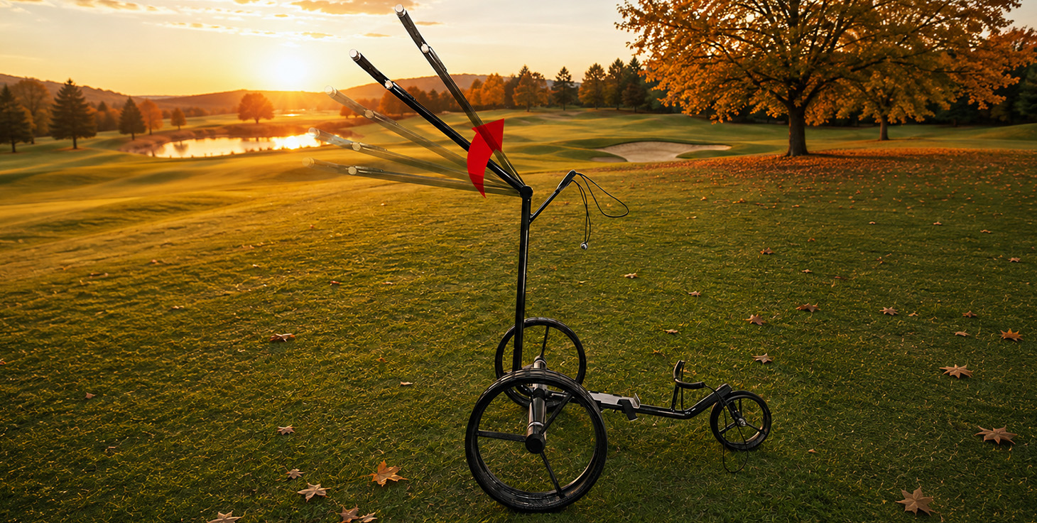 Elektrischer Golftrolley auf einem Golfplatz bei herbstlicher Abendstimmung