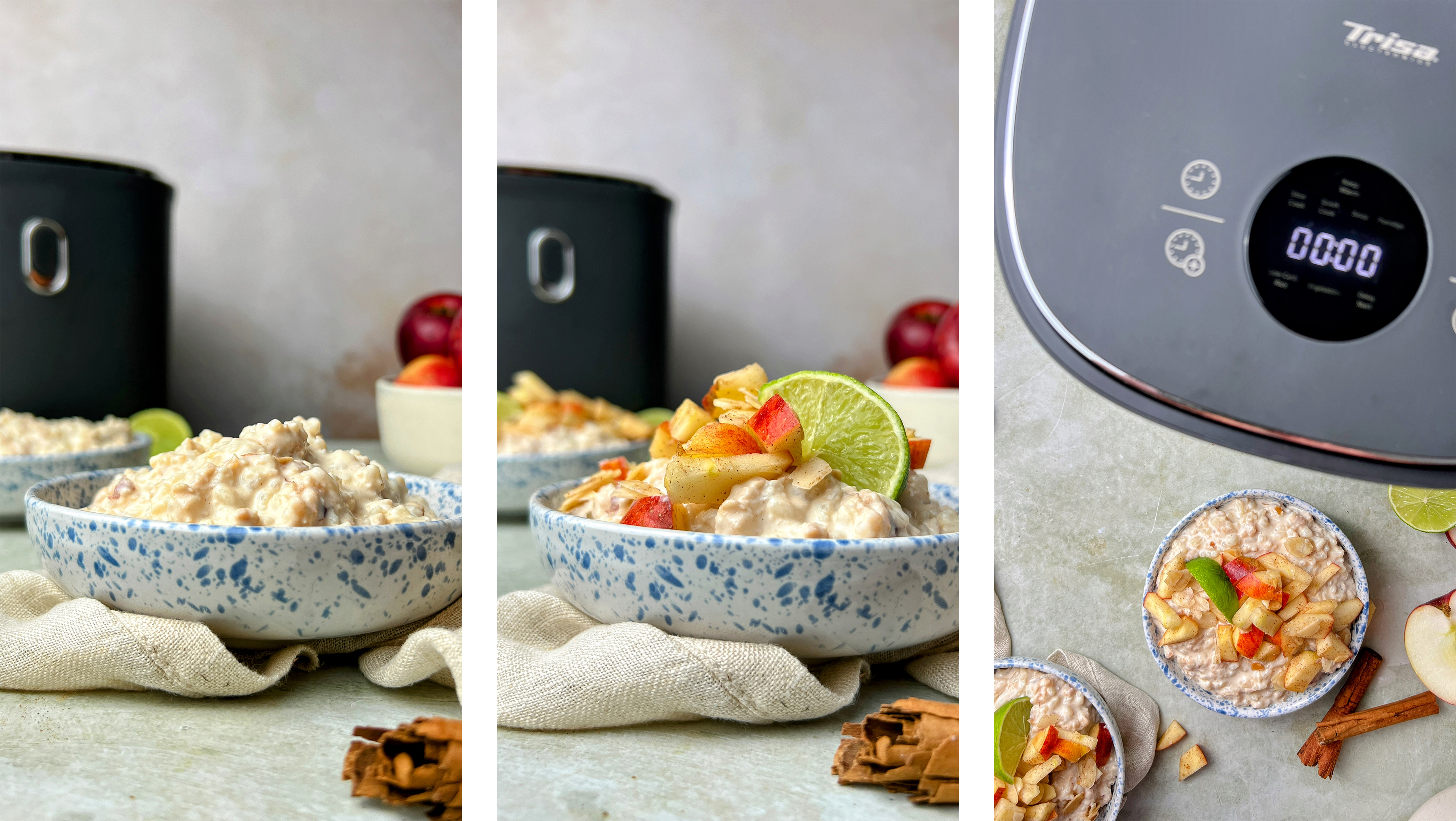 Riz au lait crémeux servi dans des bols, parfois garni de pommes et de lime, avec le cuiseur à riz Trisa Electronics en arrière-plan.