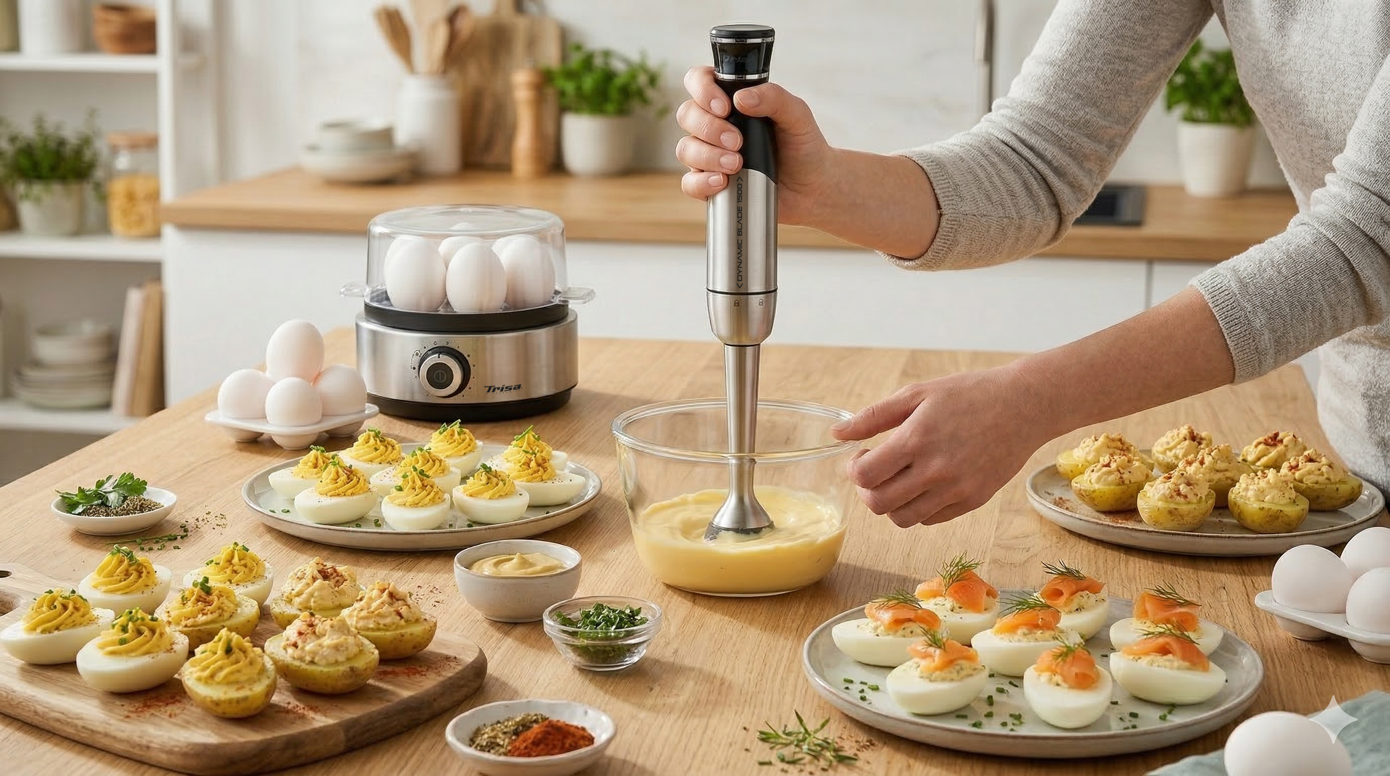 Trisa Stabmixer bereitet Eigelbcreme für gefüllte Eier, verschiedene Deviled Eggs auf Tisch angerichtet